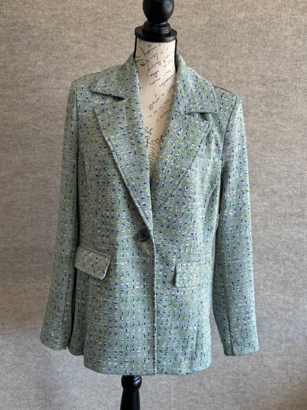 Cabi Retro Tweed Blazer Jacket M Blue Green Geometric Print Mod Statement